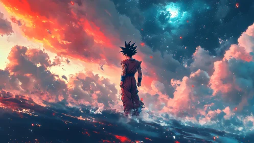 Lone anime warrior walks beneath blazing cosmic skies