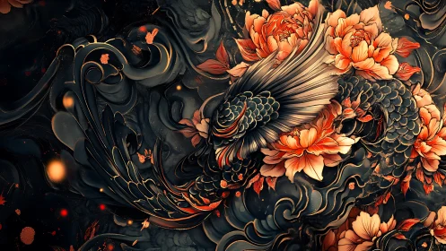 Phoenix koi entwined with blazing peonies in dark bloom.