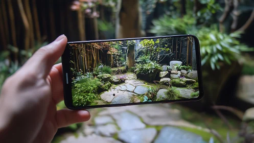 Smartphone captures tranquil stone path in lush garden