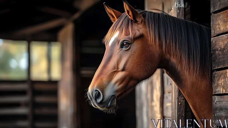 Barn doorway daydreamer horse in warm rustic stillness.