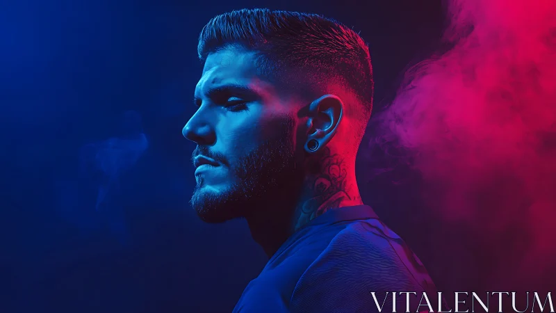 Moody neon portrait captures a tattooed man in electric light