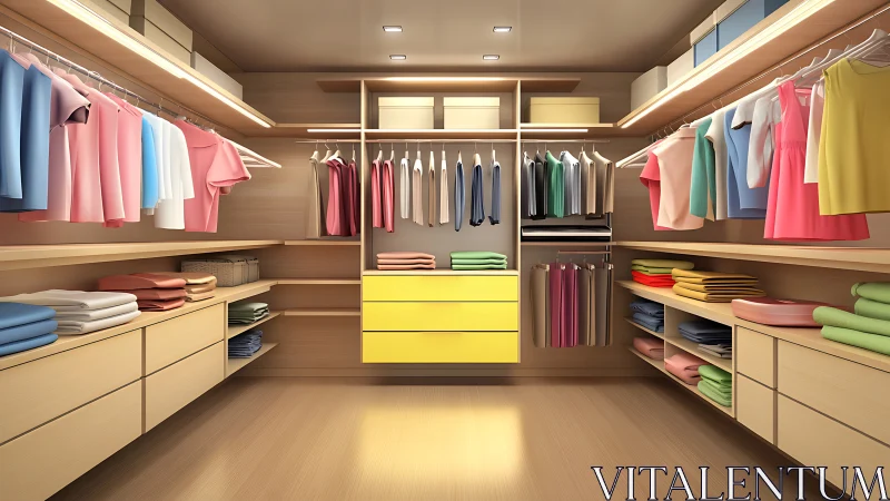 Walk-in wardrobe with modular shelving and color-organized garments
