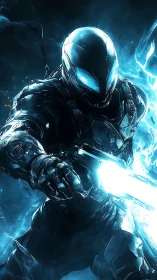 Armored sci fi soldier advances with energized melee weapon