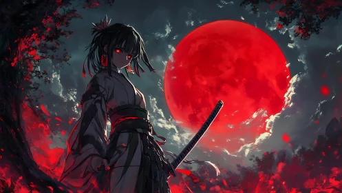 Blade-wielding shrine warrior under ominous crimson moon.