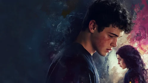 Bruised young man looks down while distant girl faces away