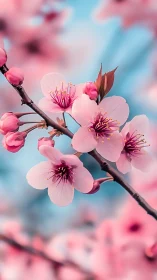 Delicate Pink Blossoms on Branch Against Blue Sky.