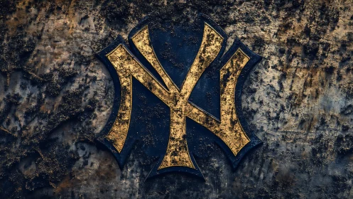 Weathered metallic interlocking NY emblem fixed on gritty wall