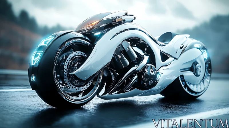 Futuristic white concept motorcycle on wet reflective road.