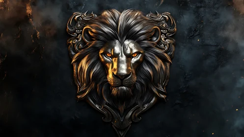 Majestic metallic lion emblem glows against smoky darkness