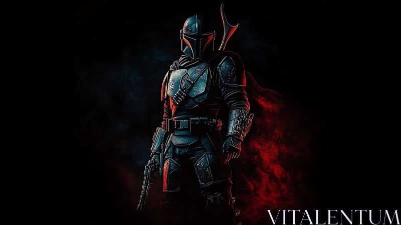 Lone armored wanderer glowing in deep red and blue light.