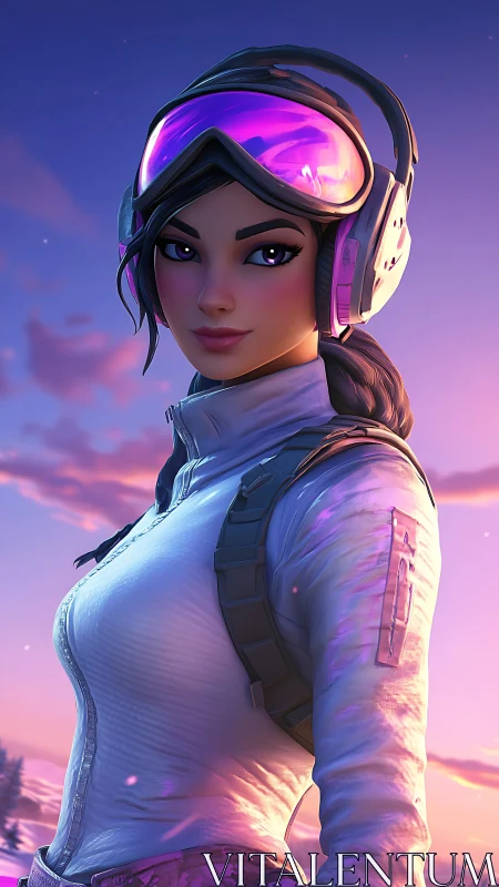 Snow goggle gamer girl in stylized sunset scene.