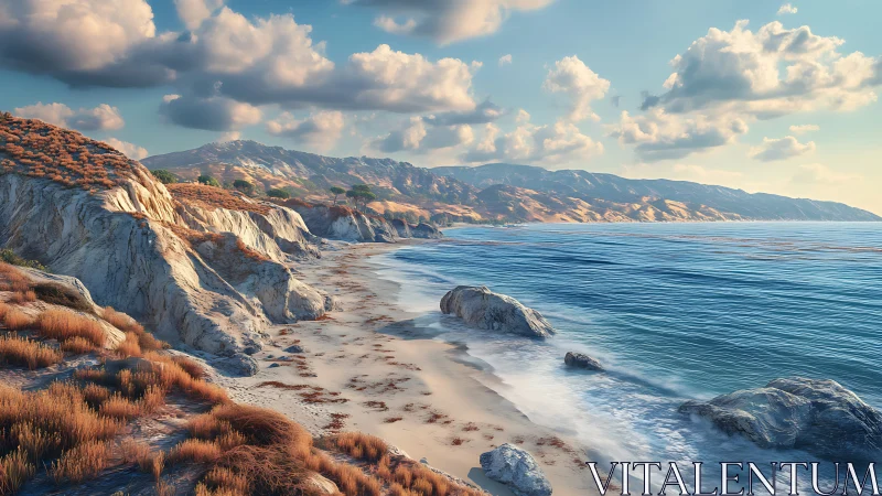 Coastal erosional cliffs with sunlit littoral zone rendering.