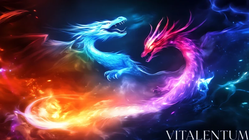 Elemental spirit dragons clashing in luminous cosmic vortex.