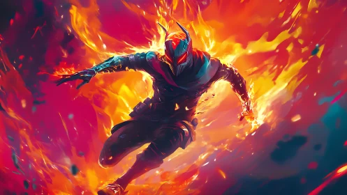 Flame-charged hero racing through a storm of wild fire.
