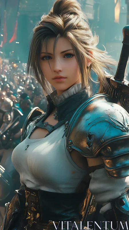 Kind‑eyed fantasy knight ready to face a bustling kingdom.