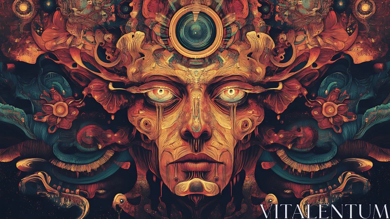 Surreal biometric visage dissolves into ornate cosmic flora