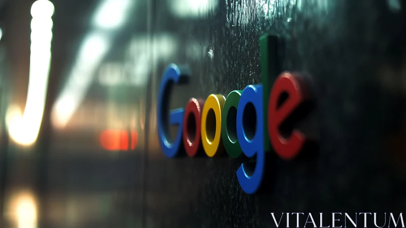Google wall logo in shallow focus, glowing office bokeh.