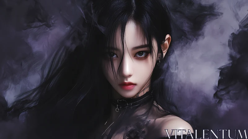 Dark-haired digital portrait of woman in smoky void.