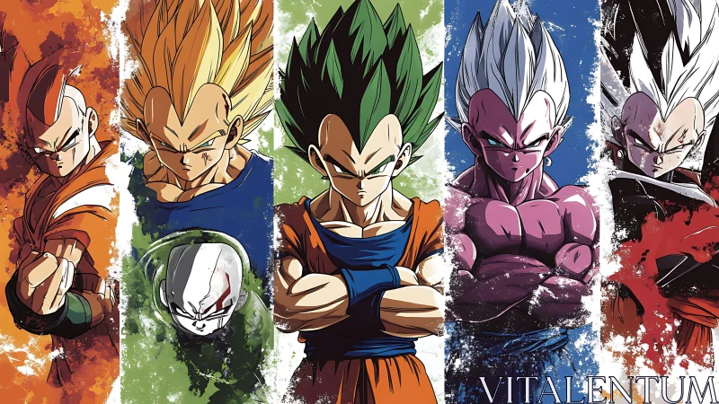 Stylized anime warriors posed in bold color split panels.