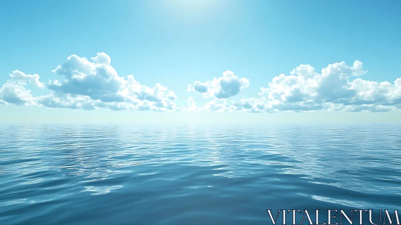 Calm blue ocean horizon under bright sky and clouds.