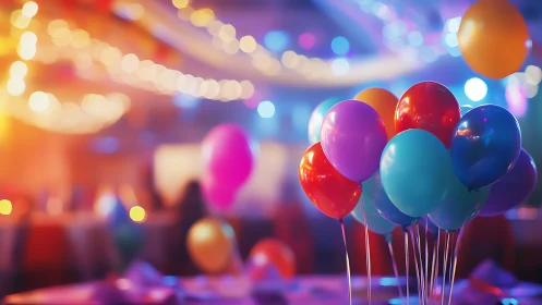 Illuminated Indoor Venue with Balloons and Bokeh Lighting.