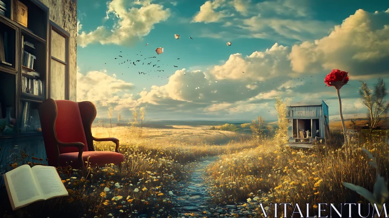 Storypath through the wildflower field of drifting books.