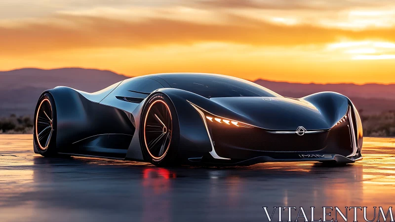 Sunset street rocket, obsidian supercar poised for launch.