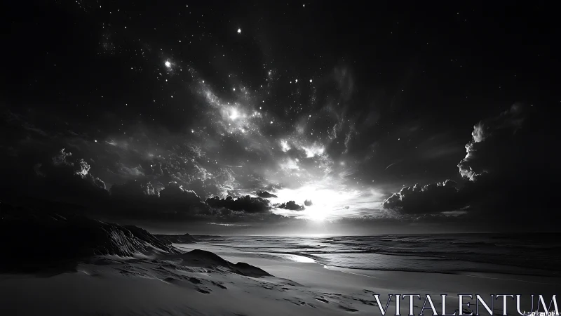 High contrast monochrome seascape under dense stellar sky field