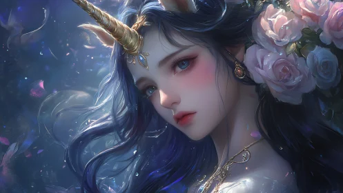 Moonlit unicorn maiden wreathed in roses and whispered starlight.