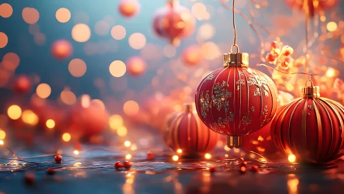 Red holiday baubles with warm bokeh lights on surface.