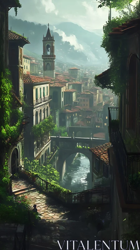 Sunlit terraced canal city with vegetated masonry and misted hills.
