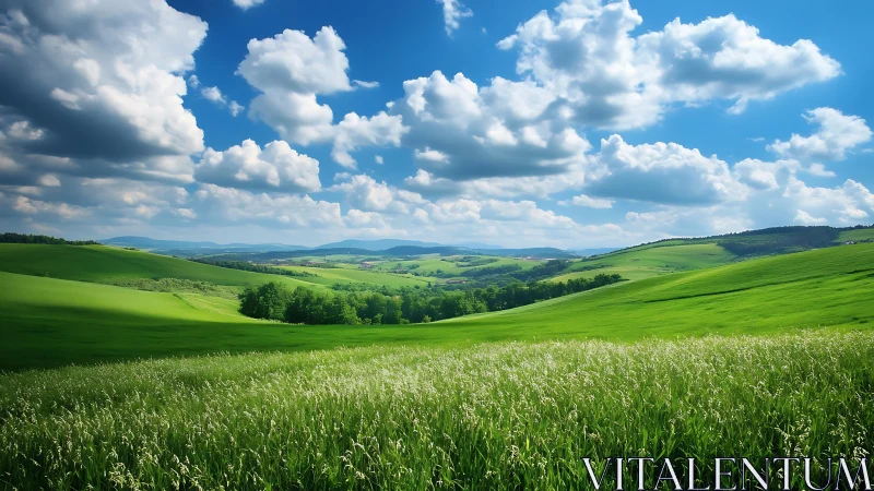 Layered green hills under cumulus cloud sky in daylight.