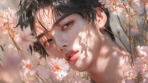 Soft-lit androgynous portrait blooms amid pastel flowers.