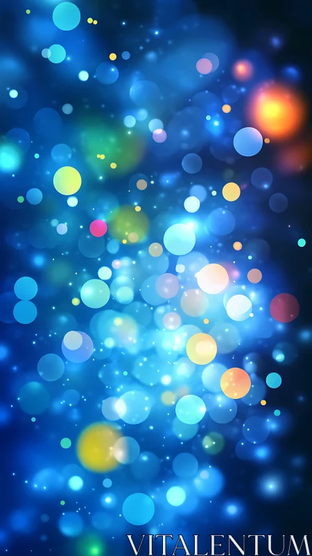 Shimmering bokeh orbs over deep blue abstract field.