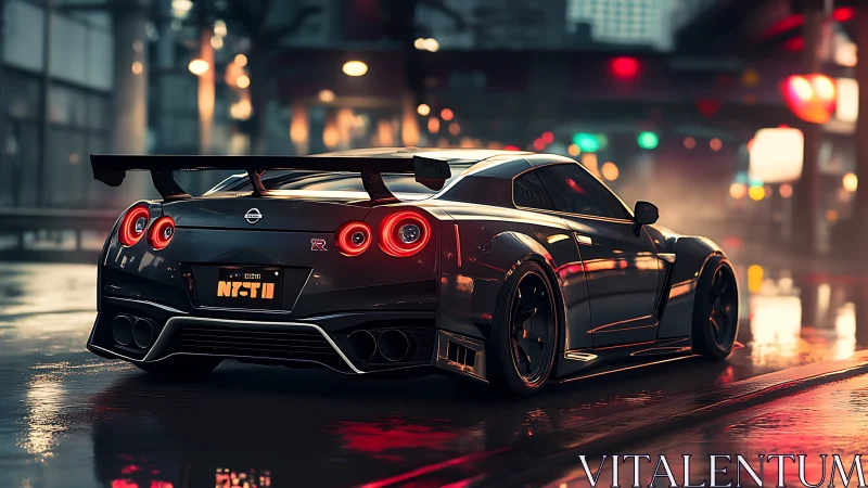 Widebody Nissan GT-R on wet neon city street at night