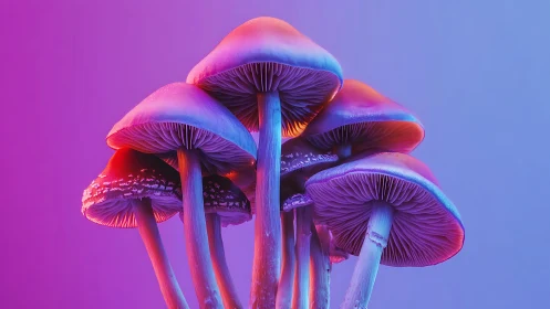 Neon lit mushrooms against gradient violet blue background.