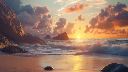 Sunlit waves wash rocky shore under glowing cloud sunset