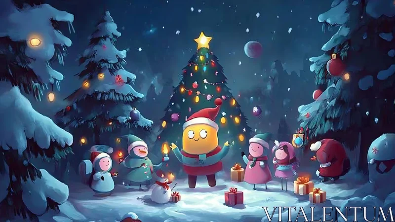 Whimsical digital Christmas forest scene with stylized characters.