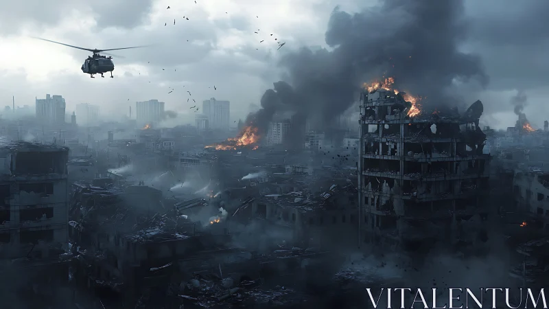 War-torn cityscape burns under heavy smoke and falling ash.