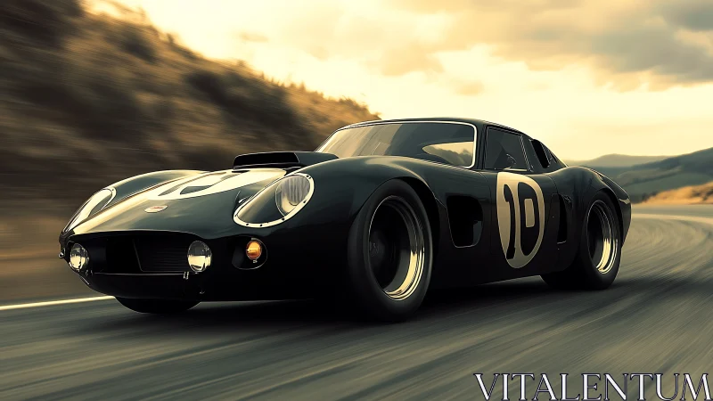 Classic racing car gliding through golden evening light.