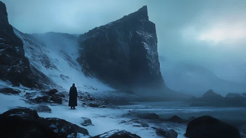 Solitary figure in icy canyon facing looming dark cliff.