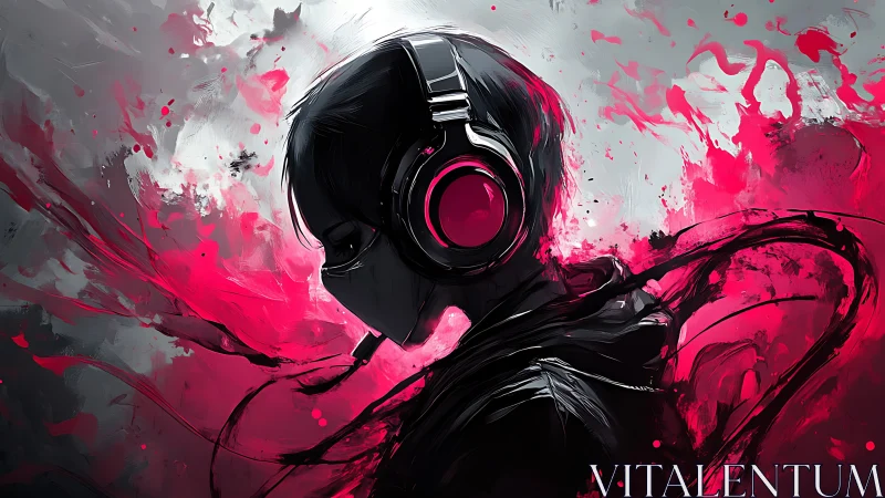 Headphoned figure in profile within abstract red field.