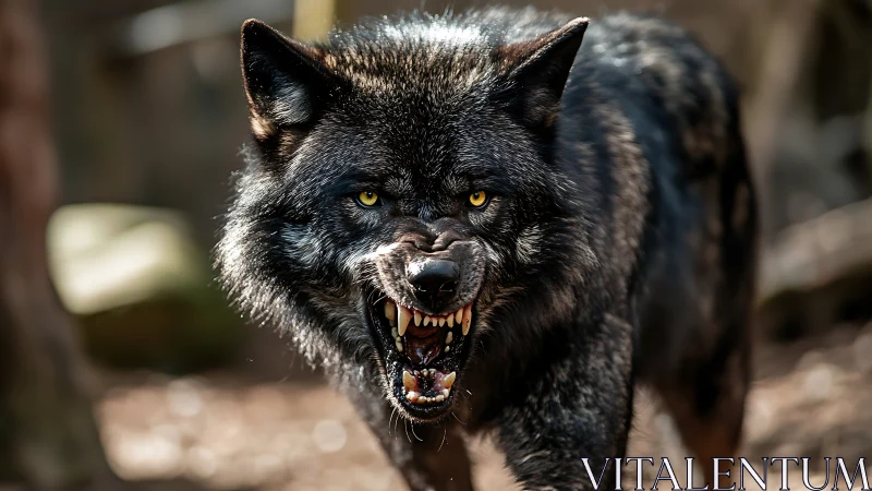 Snarling black wolf lunging forward in sharp close-up detail.