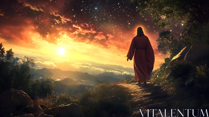 Crimson-robed wanderer strides into a blazing celestial dawn