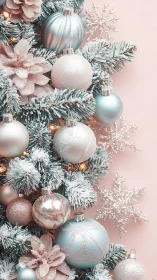 Frosted ornaments hang on a decorated artificial fir branch