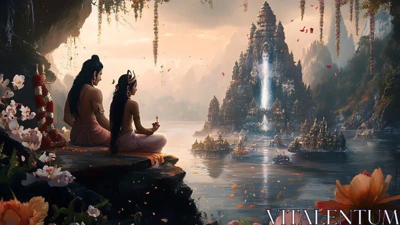 Figures observing monumental temple city across water.