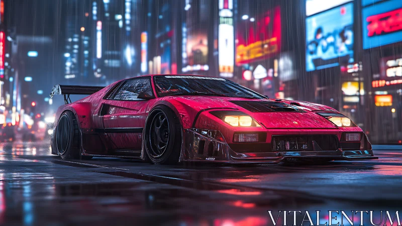 Low-slung red supercar prowls neon city streets at night.