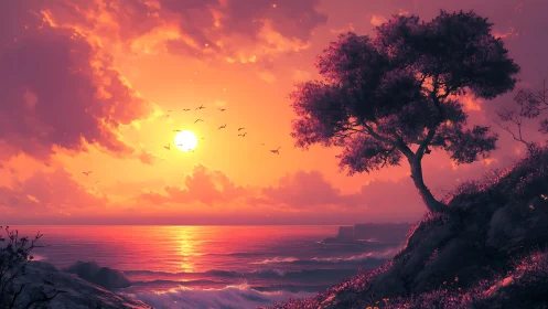 Golden seaside sunset with a quiet tree and gentle waves.