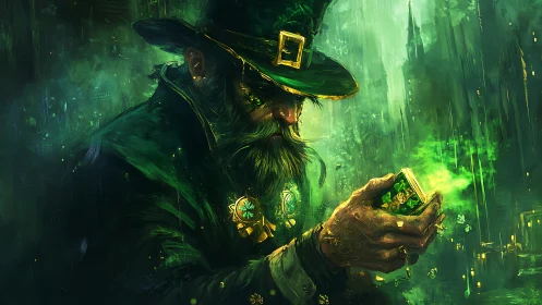 Mystic leprechaun conjuring emerald light in rain-soaked city.