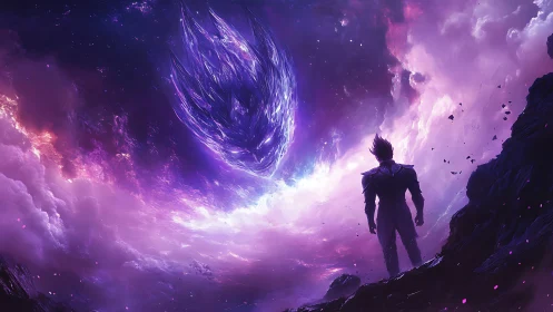 Cosmic warrior faces swirling violet nebula entity